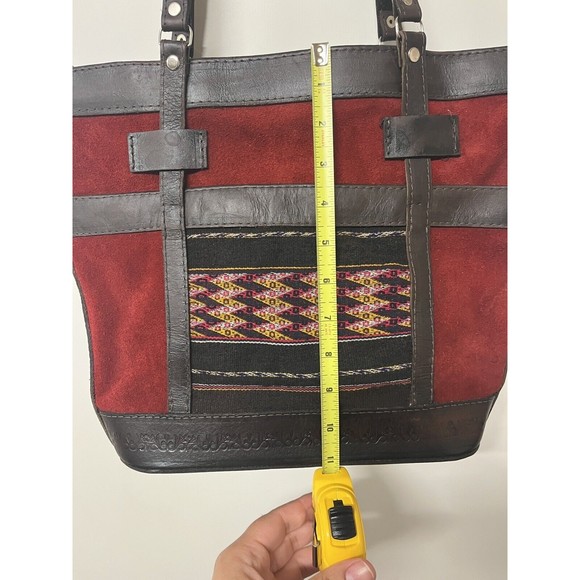 Boho Country Leather And Suede Shoulder Bag Red Brown Purse with Tapestry insert - Picture 11 of 13